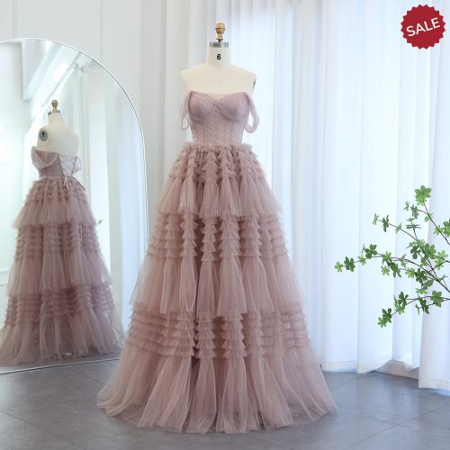 dreamy vow blush pink off shoulder ruffles evening dress for women wedding elegant tiered ball gown prom party desses sf087 2