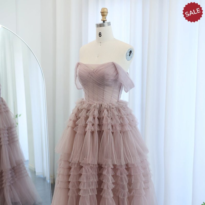 dreamy vow blush pink off shoulder ruffles evening dress for women wedding elegant tiered ball gown prom party desses sf087 4