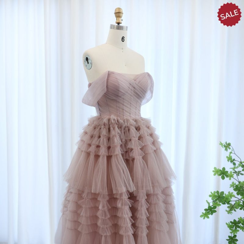 dreamy vow blush pink off shoulder ruffles evening dress for women wedding elegant tiered ball gown prom party desses sf087 5