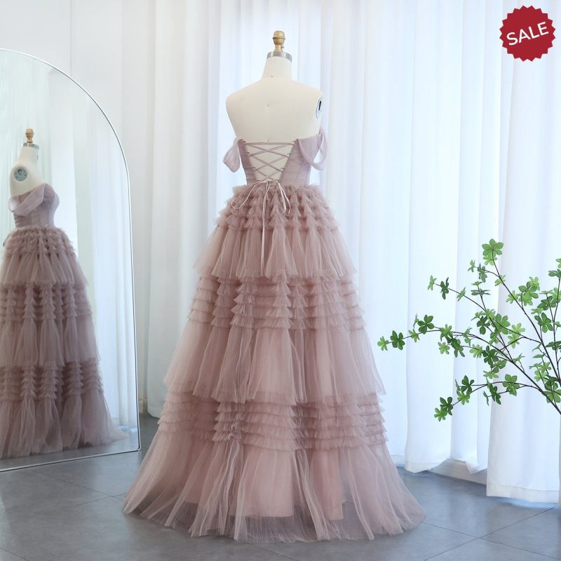 dreamy vow blush pink off shoulder ruffles evening dress for women wedding elegant tiered ball gown prom party desses sf087 6