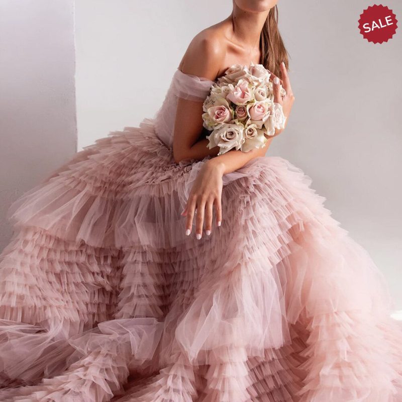 dreamy vow blush pink off shoulder ruffles evening dress for women wedding elegant tiered ball gown prom party desses sf087 8