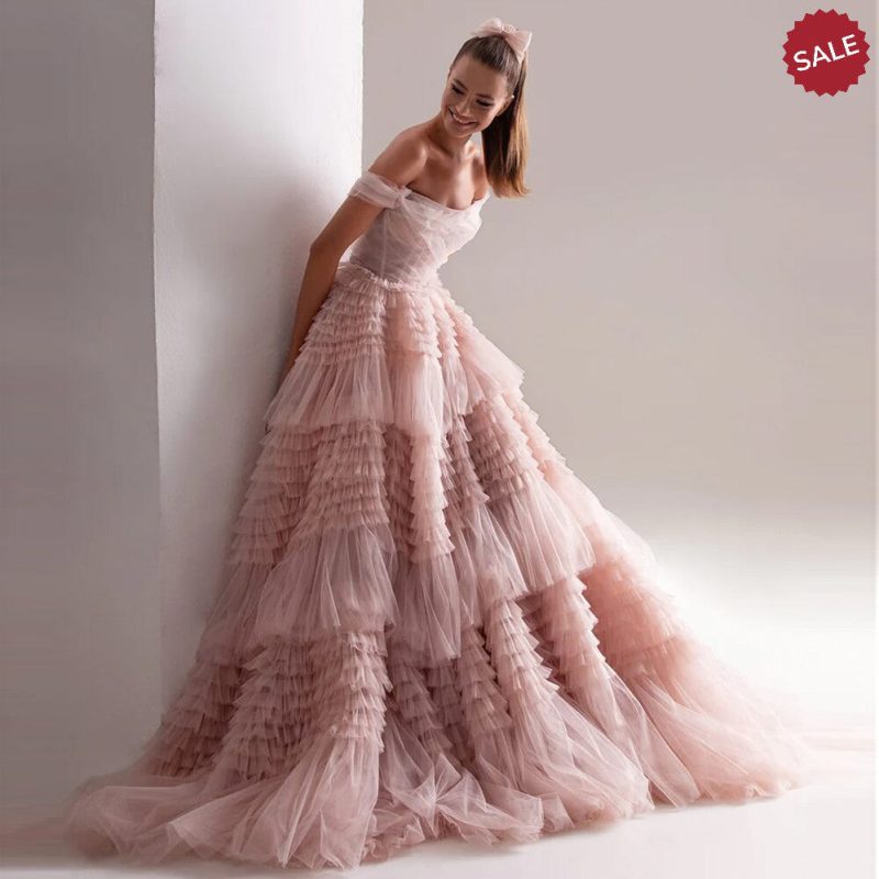 dreamy vow blush pink off shoulder ruffles evening dress for women wedding elegant tiered ball gown prom party desses sf087 9