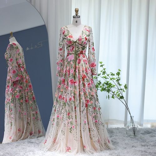 Dreamy Vow Champagne Embroidery Long Evening Dresses 2023 Garden Floral Tulle A-line Formal Prom Dress for Women Wedding Party SS231-DreamyVow