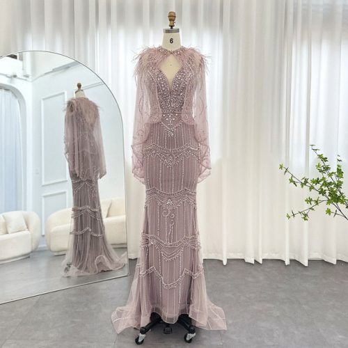 Dreamy Vow Champagne Mermaid Evening Dress with Feathers Shawl Cape Luxury Dubai Prom Dresses Long Graduation Formal Gown 039