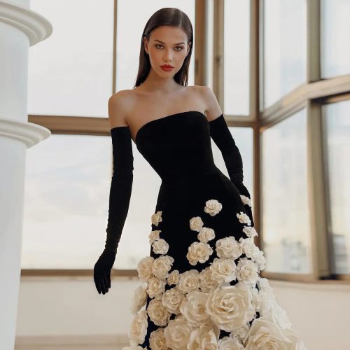 dreamy vow chic 3d flowers black velvet mermaid evening dresses with gloves strapless arabic women wedding party gowns ss248 3