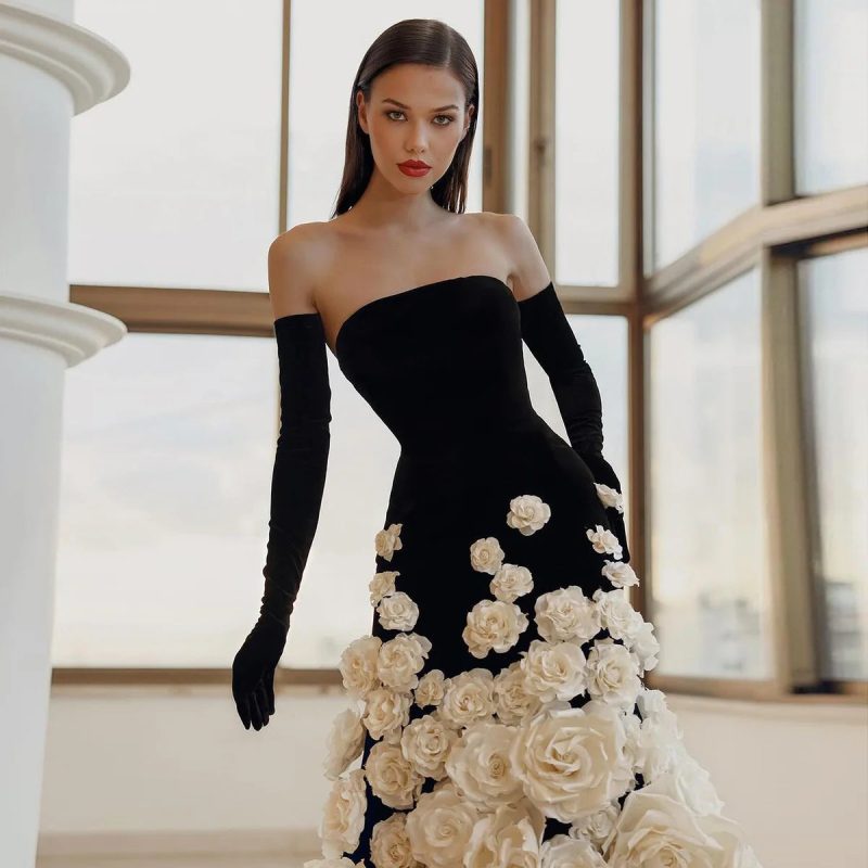 dreamy vow chic 3d flowers black velvet mermaid evening dresses with gloves strapless arabic women wedding party gowns ss248 3