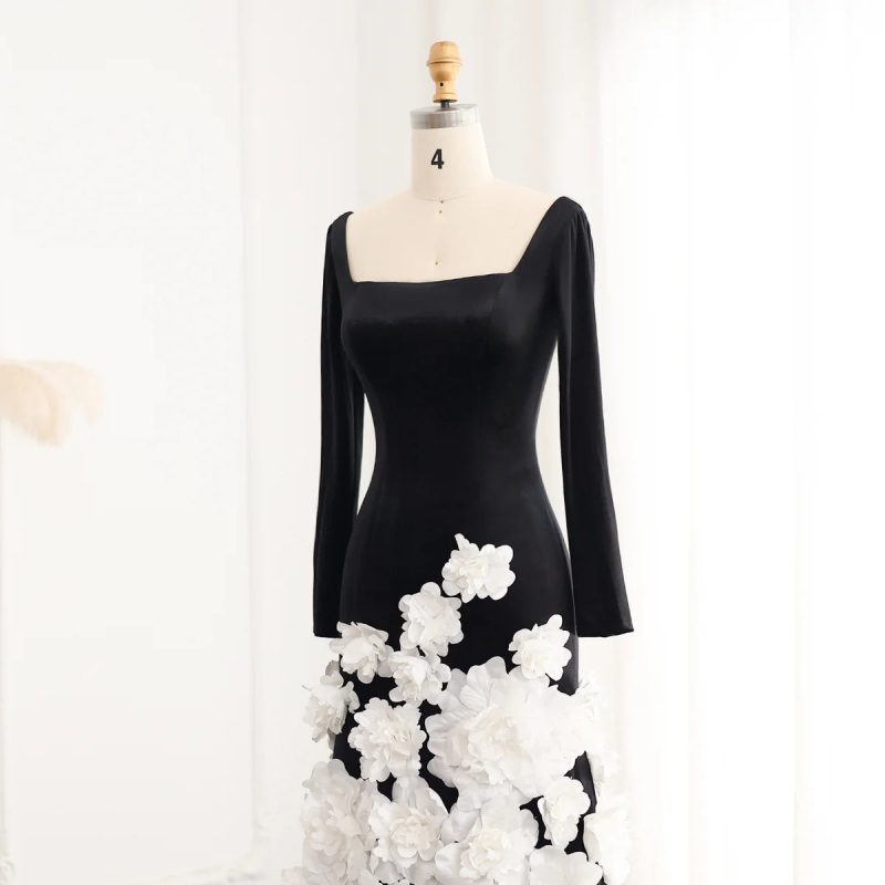 dreamy vow chic 3d flowers black velvet mermaid evening dresses with gloves strapless arabic women wedding party gowns ss248 8