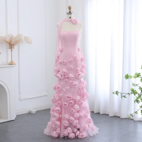 Dreamy Vow Chic Baby Pink 3D Flowers Mermaid Evening Dress 2024 Elegant Sweetheart Side Slit Sexy Girls Prom Party Gowns SF009-DreamyVow