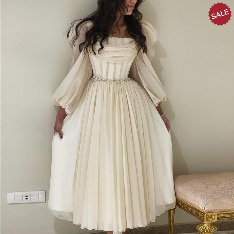 dreamy vow dubai beige short midi arabic evening dress with belt long sleeves tea length women formal wedding party gowns ss393 3