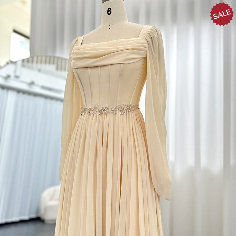 dreamy vow dubai beige short midi arabic evening dress with belt long sleeves tea length women formal wedding party gowns ss393 5