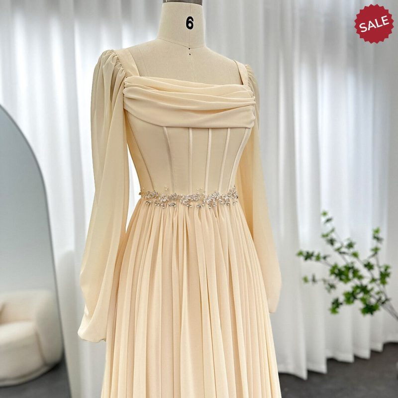 dreamy vow dubai beige short midi arabic evening dress with belt long sleeves tea length women formal wedding party gowns ss393 6