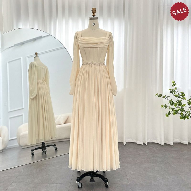 Dreamy Vow Dubai Beige Short Midi Arabic Evening Dress with Belt Long Sleeves Tea Length Women Formal Wedding Party Gowns SS393-DreamyVow