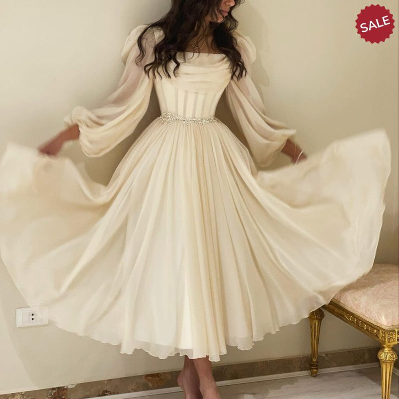 dreamy vow dubai beige short midi arabic evening dress with belt long sleeves tea length women formal wedding party gowns ss393