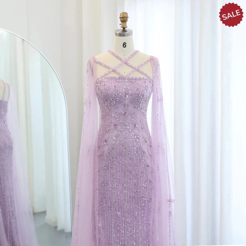 dreamy vow luxury aqua lilac mermaid evening dress with cape sleeves criss cross women wedding party gowns ss391 16