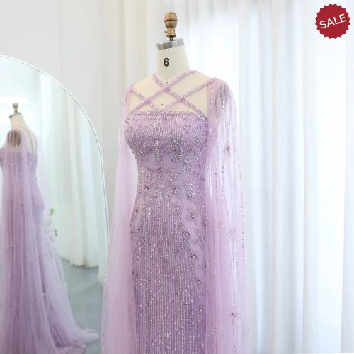 dreamy vow luxury aqua lilac mermaid evening dress with cape sleeves criss cross women wedding party gowns ss391 18