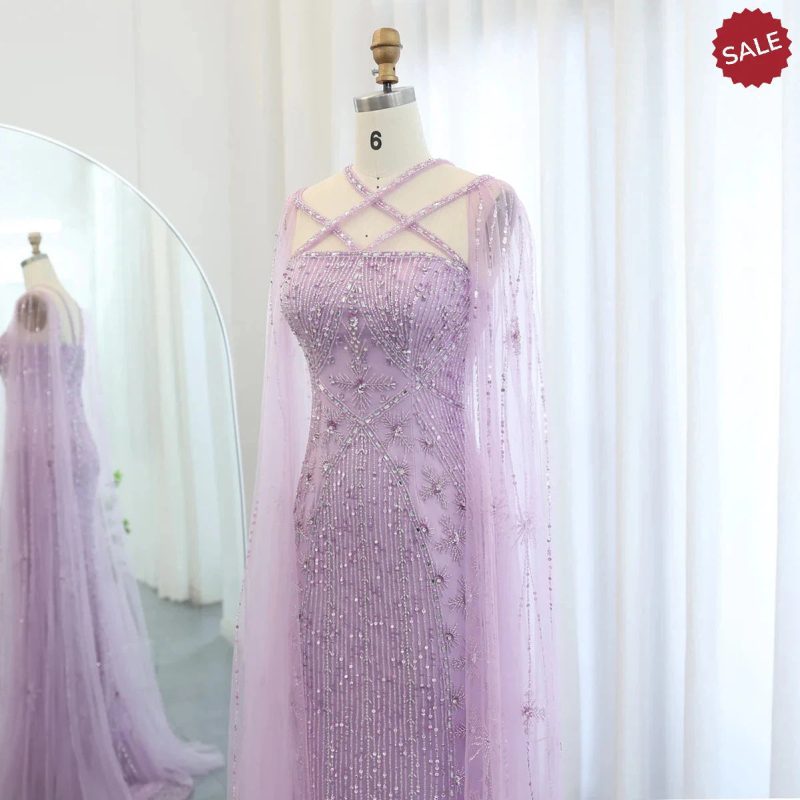 dreamy vow luxury aqua lilac mermaid evening dress with cape sleeves criss cross women wedding party gowns ss391 18