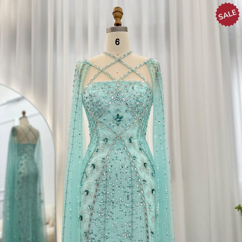 dreamy vow luxury aqua lilac mermaid evening dress with cape sleeves criss cross women wedding party gowns ss391 4