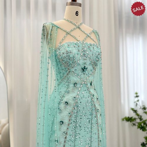 dreamy vow luxury aqua lilac mermaid evening dress with cape sleeves criss cross women wedding party gowns ss391 5