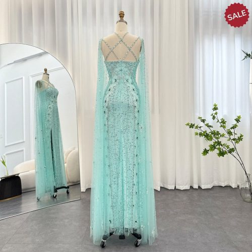 dreamy vow luxury aqua lilac mermaid evening dress with cape sleeves criss cross women wedding party gowns ss391 6