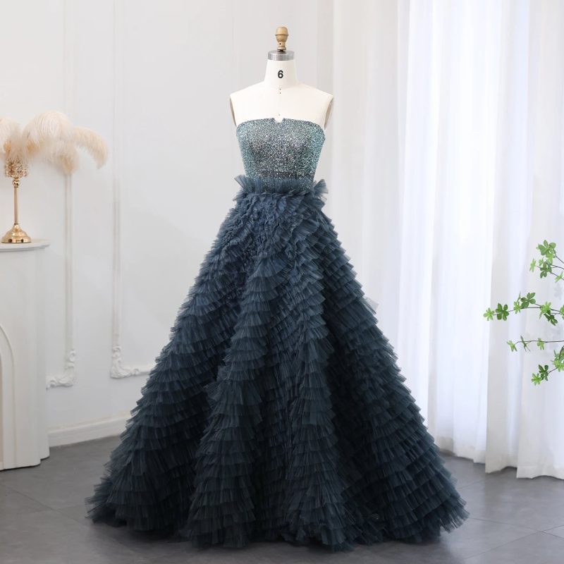 Dreamy Vow Luxury Beaded Blue Ball Gown Evening Dress 2024 Elegant Strapless Ruffles Sweet Girls Birthday Party Dresses SS503-DreamyVow