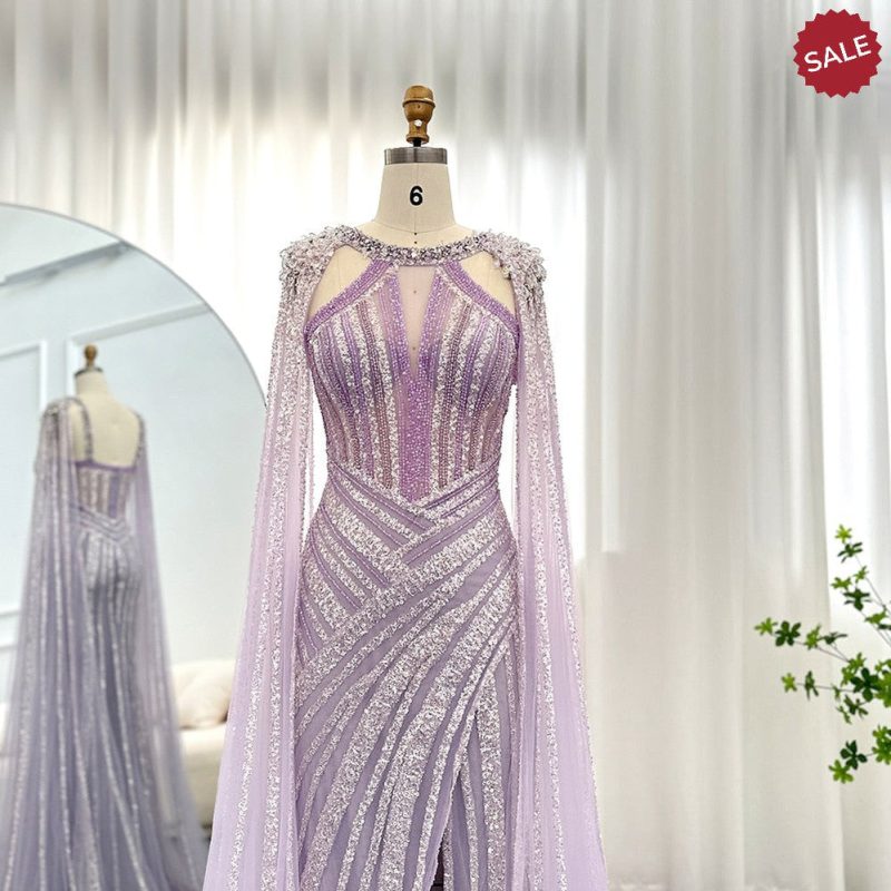 dreamy vow luxury crystal dubai yellow evening dress with cape sleeves 2023 lilac arabic mermaid women wedding party gown ss203 10