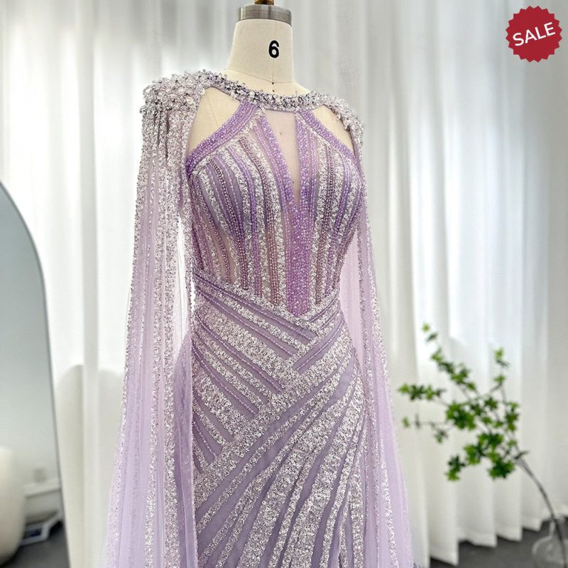 dreamy vow luxury crystal dubai yellow evening dress with cape sleeves 2023 lilac arabic mermaid women wedding party gown ss203 11