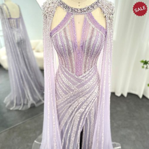 dreamy vow luxury crystal dubai yellow evening dress with cape sleeves 2023 lilac arabic mermaid women wedding party gown ss203 12