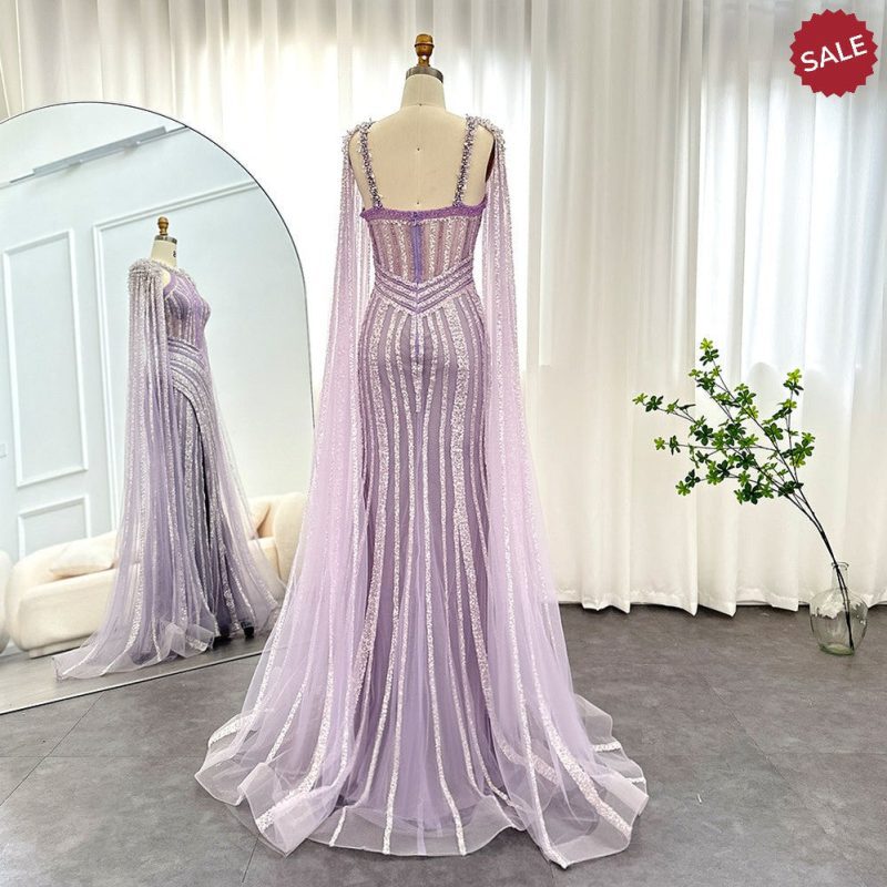 dreamy vow luxury crystal dubai yellow evening dress with cape sleeves 2023 lilac arabic mermaid women wedding party gown ss203 14