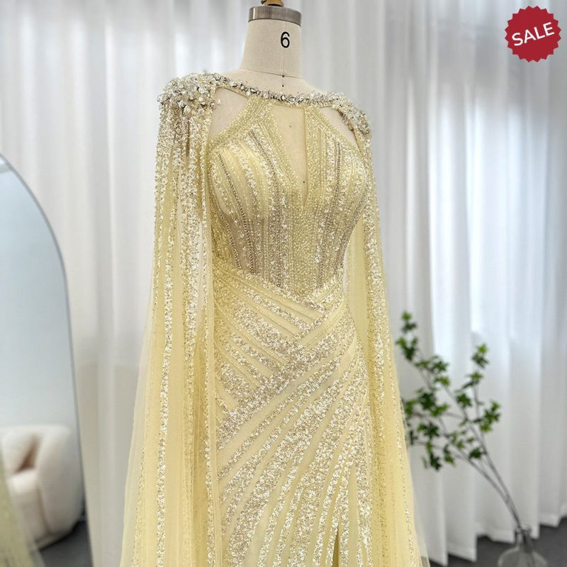 dreamy vow luxury crystal dubai yellow evening dress with cape sleeves 2023 lilac arabic mermaid women wedding party gown ss203 4