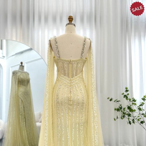 dreamy vow luxury crystal dubai yellow evening dress with cape sleeves 2023 lilac arabic mermaid women wedding party gown ss203 5