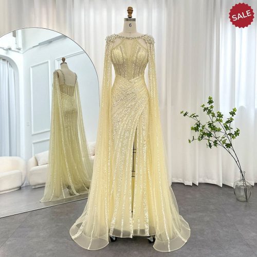 Dreamy Vow Luxury Crystal Dubai Yellow Evening Dress with Cape Sleeves 2023 Lilac Arabic Mermaid Women Wedding Party Gown 203