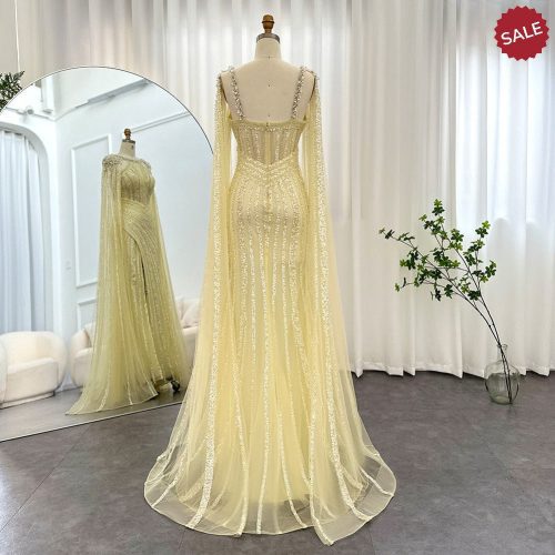 dreamy vow luxury crystal dubai yellow evening dress with cape sleeves 2023 lilac arabic mermaid women wedding party gown ss203 6