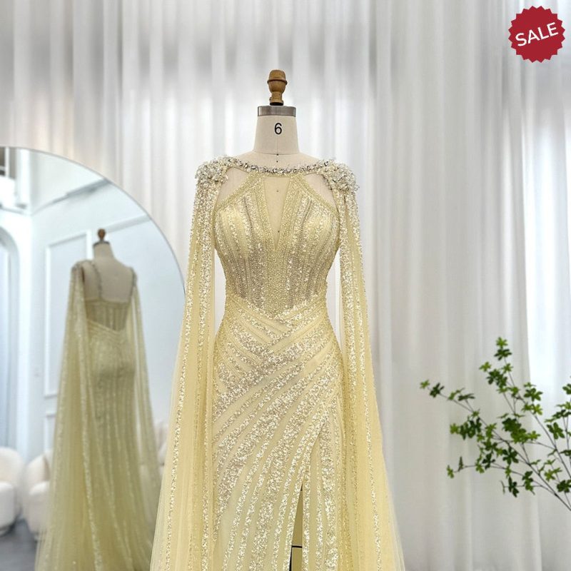 dreamy vow luxury crystal dubai yellow evening dress with cape sleeves 2023 lilac arabic mermaid women wedding party gown ss203 7