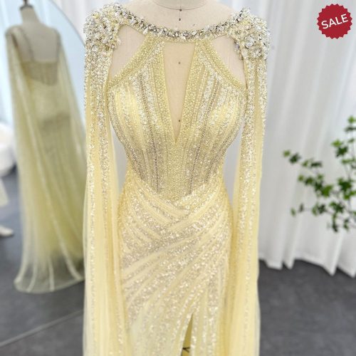 dreamy vow luxury crystal dubai yellow evening dress with cape sleeves 2023 lilac arabic mermaid women wedding party gown ss203 8