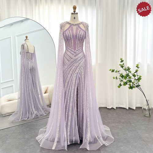 Dreamy Vow Luxury Crystal Dubai Yellow Evening Dress with Cape Sleeves 2023 Lilac Arabic Mermaid Women Wedding Party Gown 203