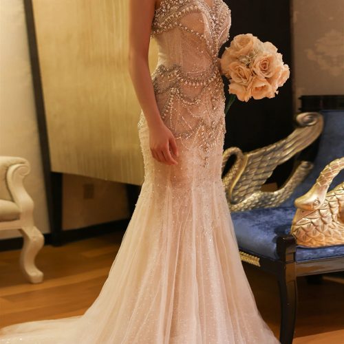 dreamy vow luxury crystal pearls white nude mermaid wedding dresses for women engagement bridal party gowns ss528