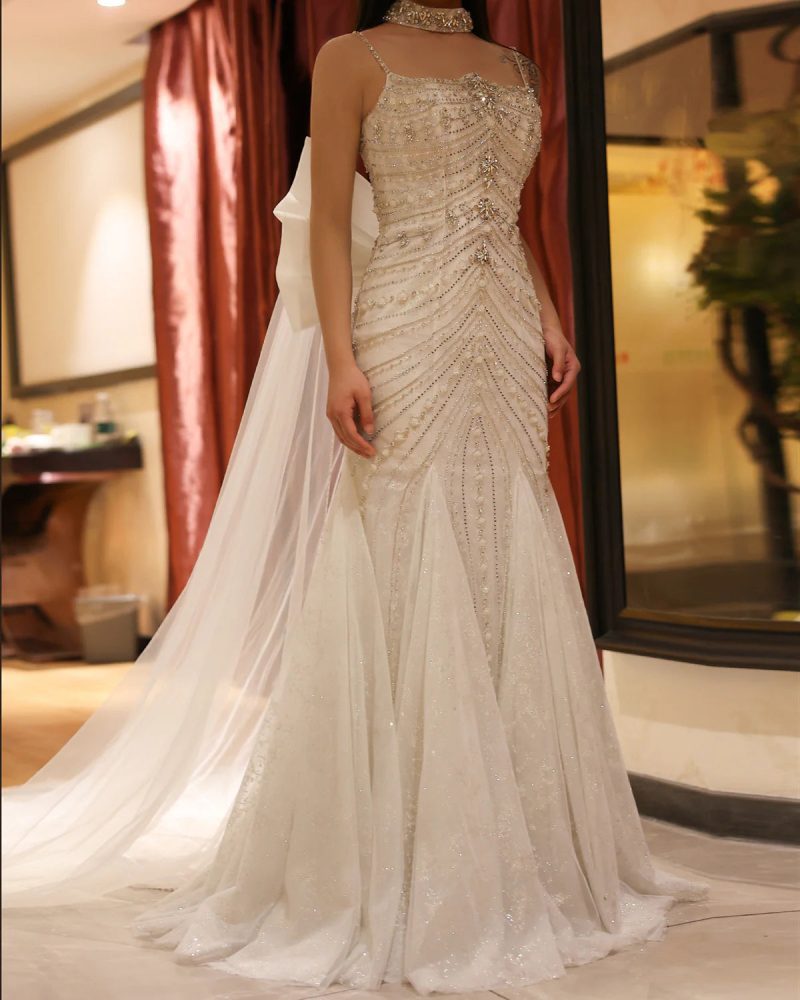 dreamy vow luxury crystal white mermaid wedding dress with cape bow spaghetti straps dubai women engagement bridal party gowns ss527 13