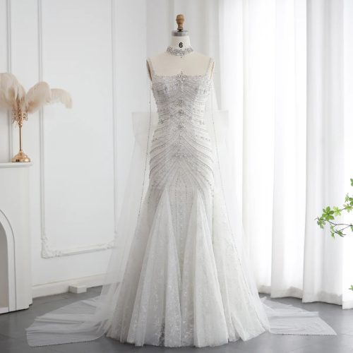 dreamy vow luxury crystal white mermaid wedding dress with cape bow spaghetti straps dubai women engagement bridal party gowns ss527 15