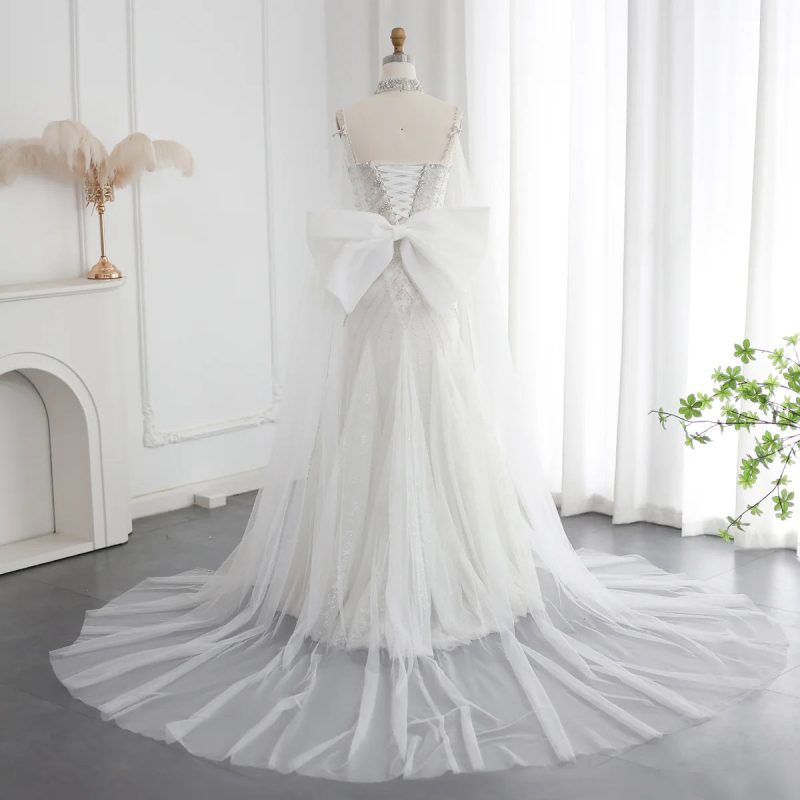 dreamy vow luxury crystal white mermaid wedding dress with cape bow spaghetti straps dubai women engagement bridal party gowns ss527 21