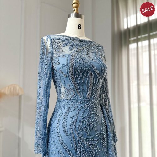 dreamy vow luxury dubai blue mermaid muslim evening dress overskirt long sleeve plus size women wedding guest party gowns ss141 3