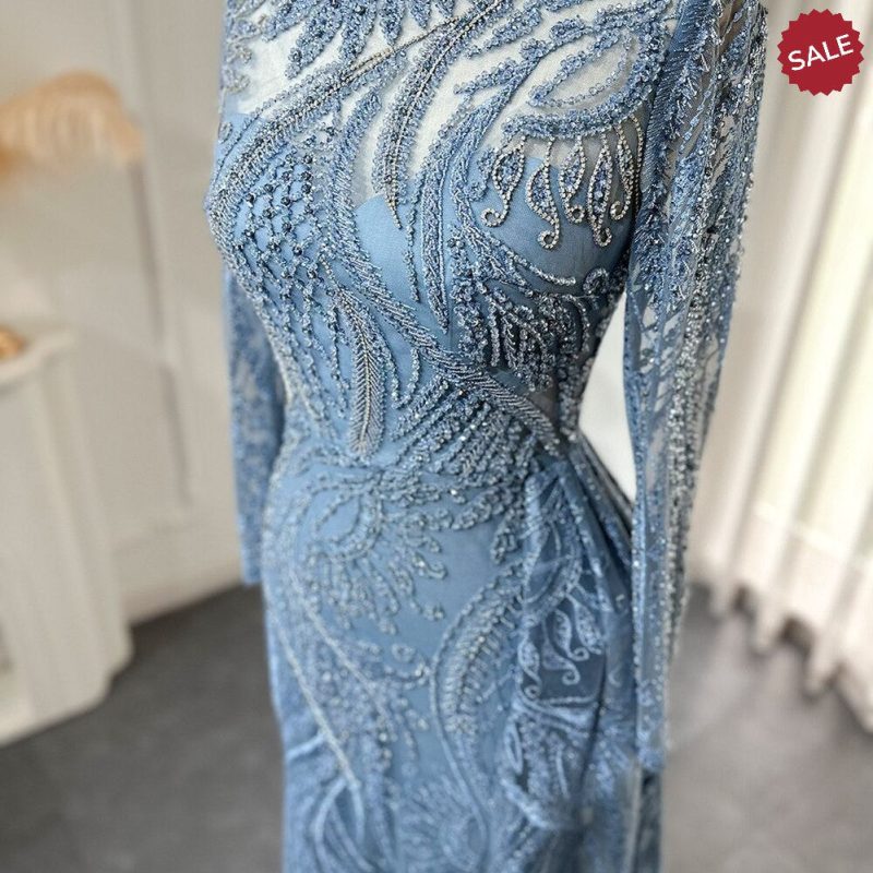 dreamy vow luxury dubai blue mermaid muslim evening dress overskirt long sleeve plus size women wedding guest party gowns ss141 4