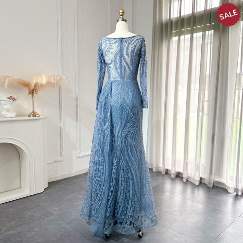 dreamy vow luxury dubai blue mermaid muslim evening dress overskirt long sleeve plus size women wedding guest party gowns ss141 5