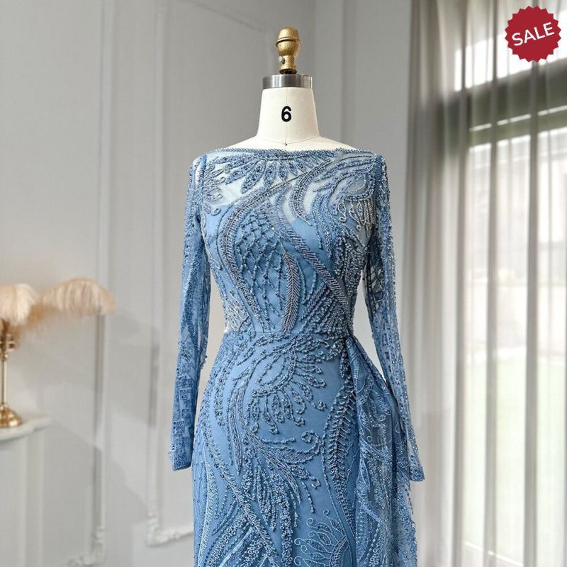 dreamy vow luxury dubai blue mermaid muslim evening dress overskirt long sleeve plus size women wedding guest party gowns ss141 6