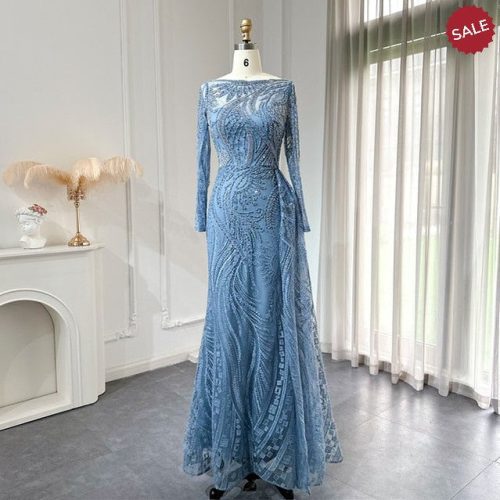 dreamy vow luxury dubai blue mermaid muslim evening dress overskirt long sleeve plus size women wedding guest party gowns ss141 7