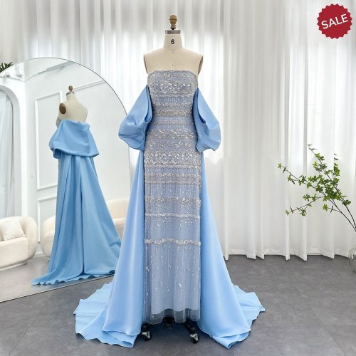 DreamyVow Luxury Dubai Sage Green Evening Dresses with Cape 2023 Arabic Blue Beaded Elegant Women Wedding Party Gowns 238