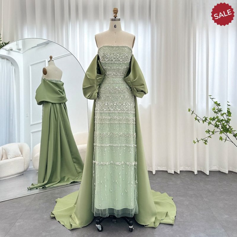 DreamyVow Luxury Dubai Sage Green Evening Dresses with Cape 2023 Arabic Blue Beaded Elegant Women Wedding Party Gowns 238