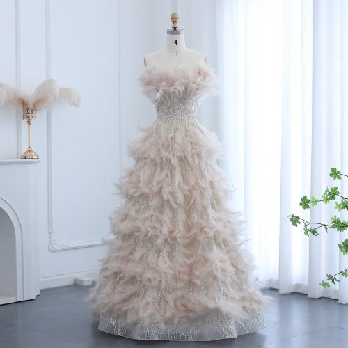 Dreamy Vow Luxury Feathers Princess Ball Gown Cream Evening Dress for Women Wedding Engament Party Dress SS532-DreamyVow