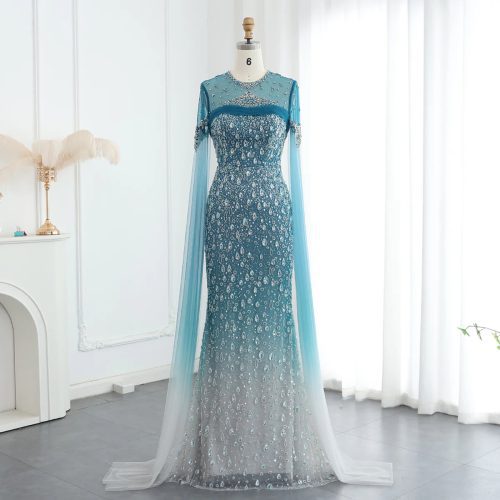 Dreamy Vow Luxury Ombre Turquoise Crystal Mermaid Dubai Evening Dresses with Cape Sleeves Arabic Women Wedding Party Gowns SS206-DreamyVow