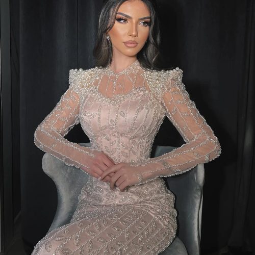 Dreamy Vow Luxury Pearls Beige Long Sleeves Arabic Evening Dresses Pink Dubai Muslim Women Wedding Party Gowns SS426-DreamyVow