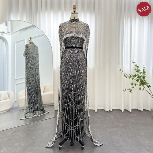 Dreamy Vow Luxury Pearls Dubai Champagne Evening Dresses with Cape 2023 New Arabic Women Mermaid Wedding Party Prom Dress 369